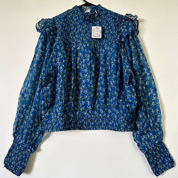 Free People Tops - Free People Blue Floral Smocked Blouse - Long Sleeves - Back Double Tie/ S-M